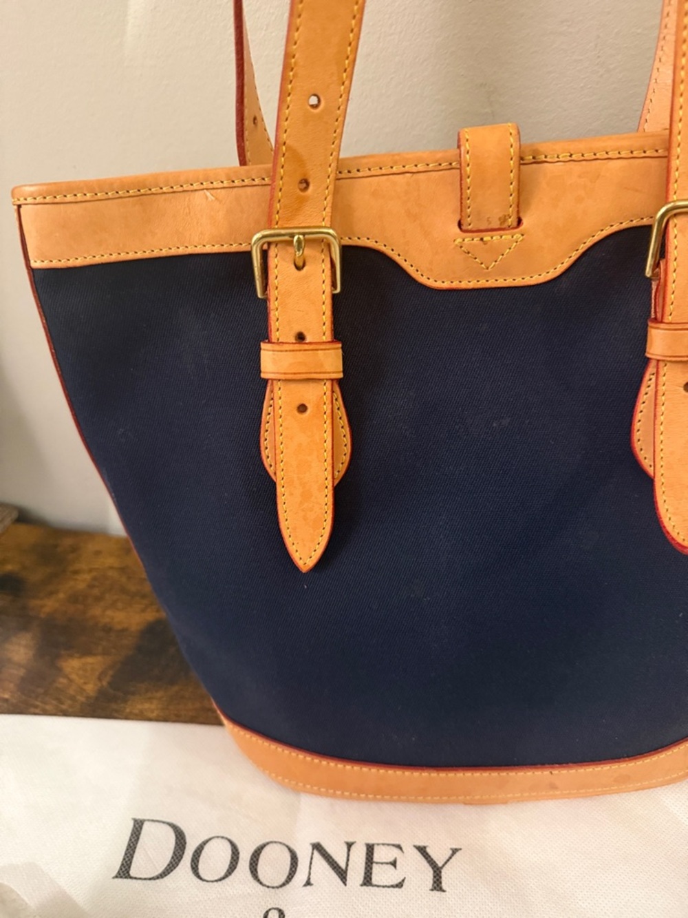 Dooney & Bourke Navy Tote with Tan Leather Trim - Picture 4 of 14
